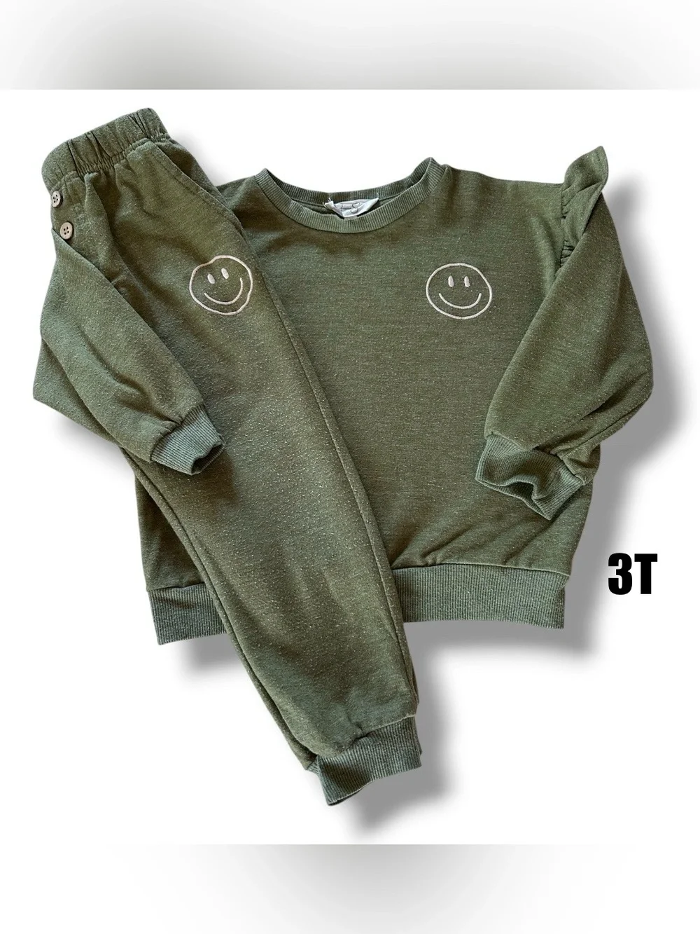 Jessica Simpson Olive Green Smiley Short Sleeve Sweatshirt & jogger pants Sz 3T